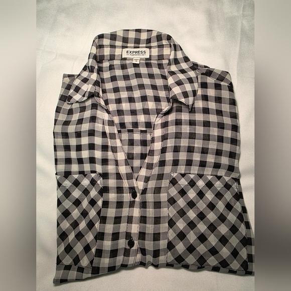 Express Buffalo Black And White Check Portofino Sheer Button Down Shirt- Size Lg - Picture 8 of 8